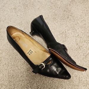 Classic Black Leather Heels with Bow Detail